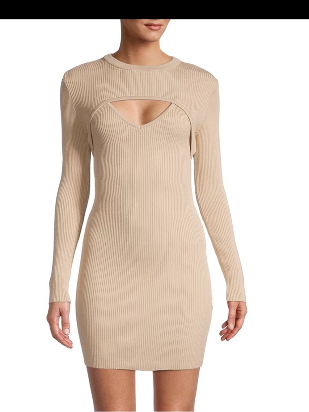 Monrow Cream Color Ribbed Layered Mini Bodycon 2 Piece Sweater Dress NWT small